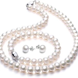 Freshwater Cultured Pearl Necklace Set Includes Stunning Bracelet and Stud