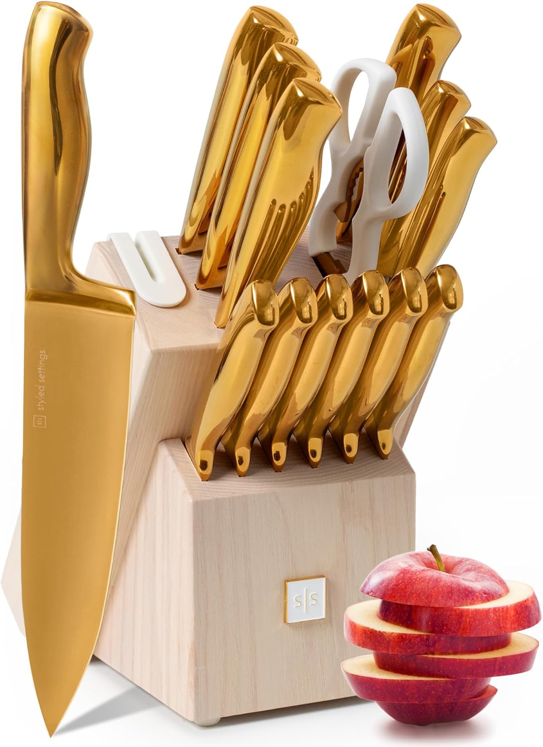Gold Knife Set for Kitchen with Block and Sharpener - 14 Piece Razor Sharp Titanium Gold Kitchen Knife Set