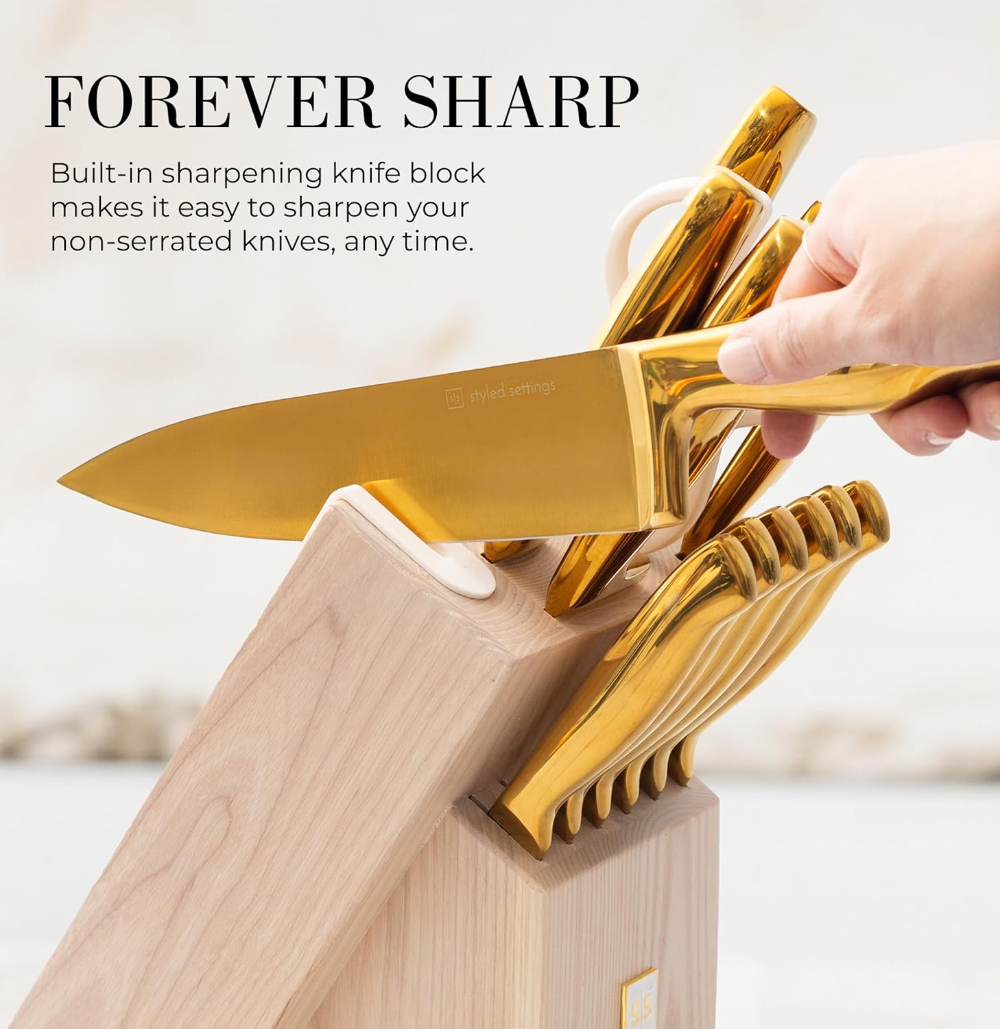 Gold Knife Set for Kitchen with Block and Sharpener - 14 Piece Razor Sharp Titanium Gold Kitchen Knife Set - Image 7