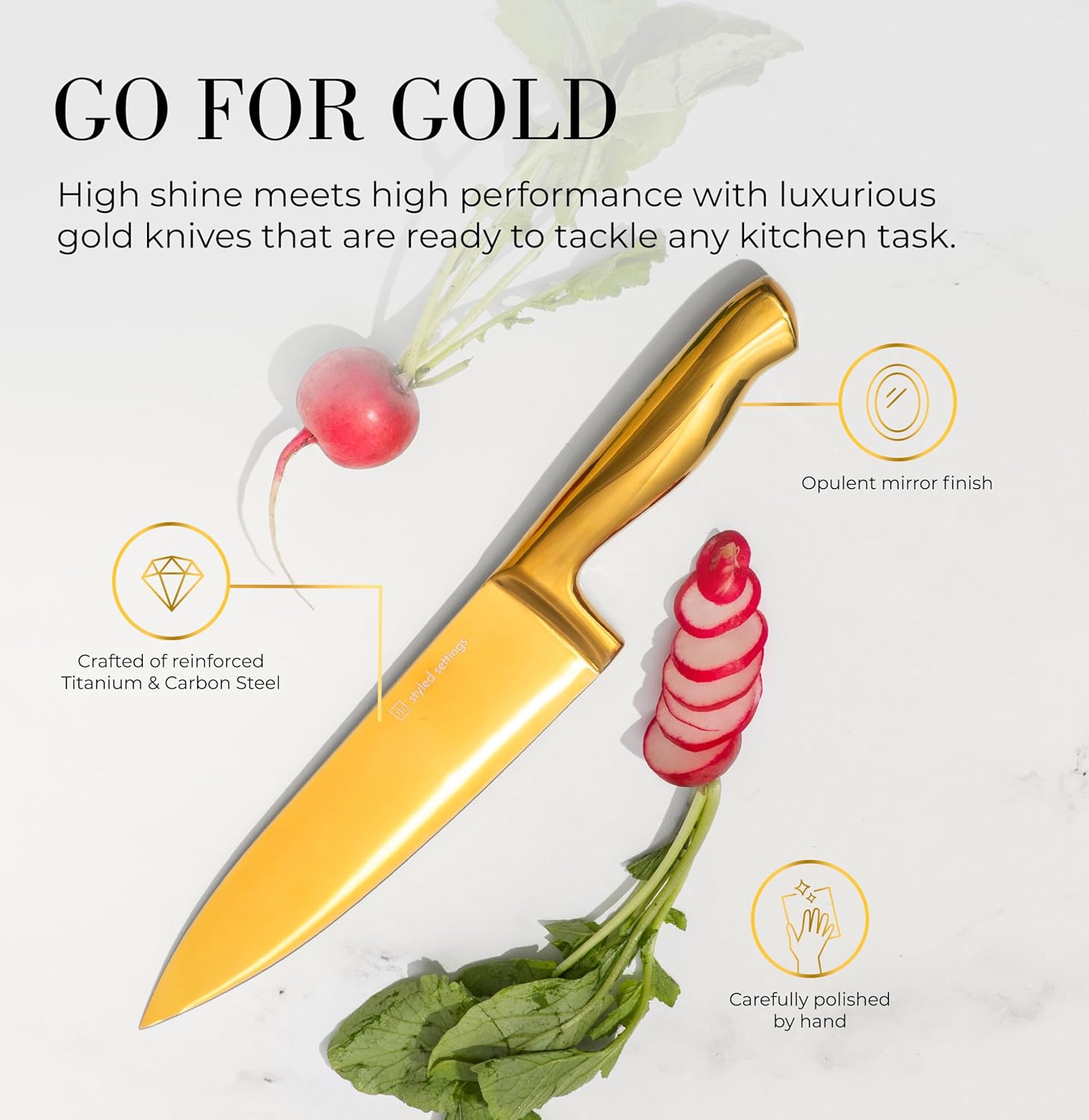 Gold Knife Set for Kitchen with Block and Sharpener - 14 Piece Razor Sharp Titanium Gold Kitchen Knife Set - Image 3