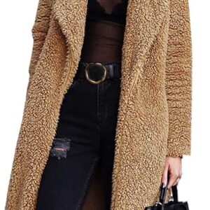 Angashion Women's Fuzzy Fleece Lapel Open Front Long Cardigan Coat Faux Fur Warm Winter Outwear Jackets