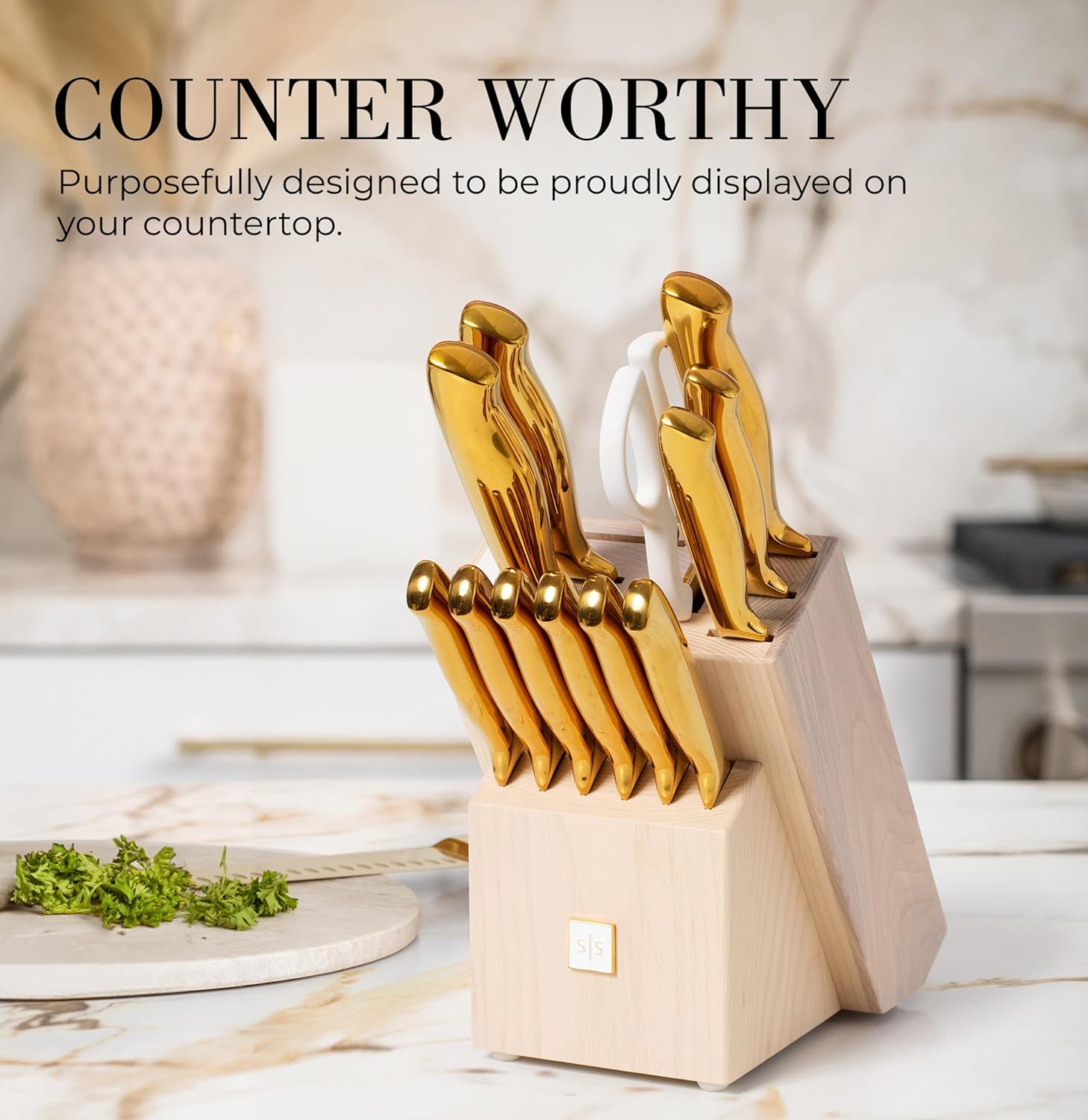 Gold Knife Set for Kitchen with Block and Sharpener - 14 Piece Razor Sharp Titanium Gold Kitchen Knife Set - Image 2