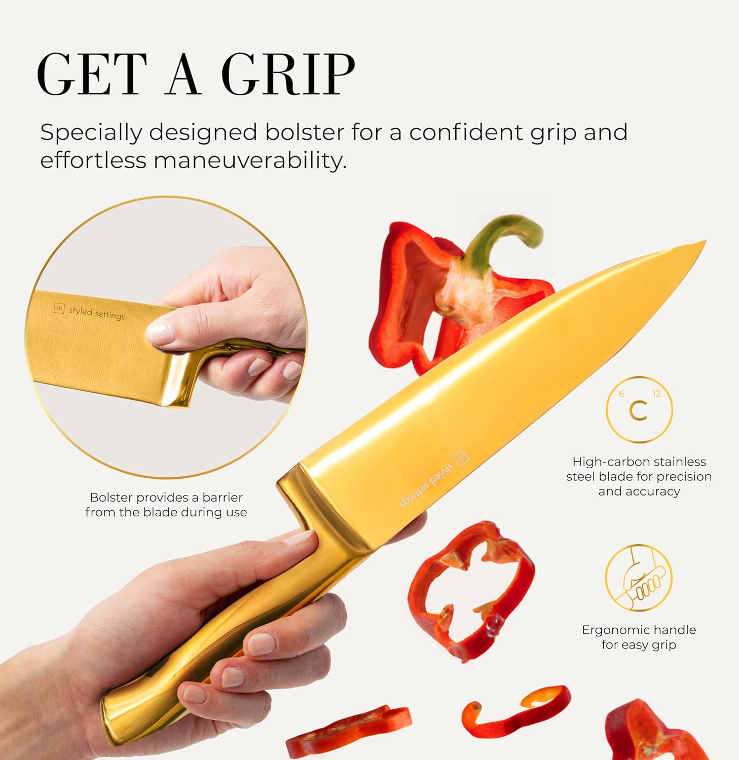 Gold Knife Set for Kitchen with Block and Sharpener - 14 Piece Razor Sharp Titanium Gold Kitchen Knife Set - Image 5