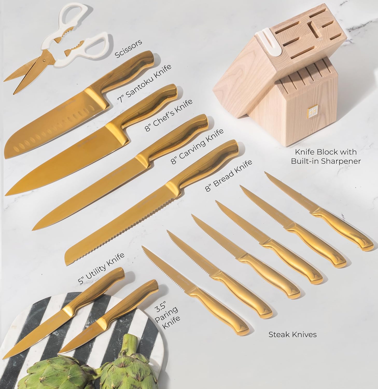 Gold Knife Set for Kitchen with Block and Sharpener - 14 Piece Razor Sharp Titanium Gold Kitchen Knife Set - Image 6